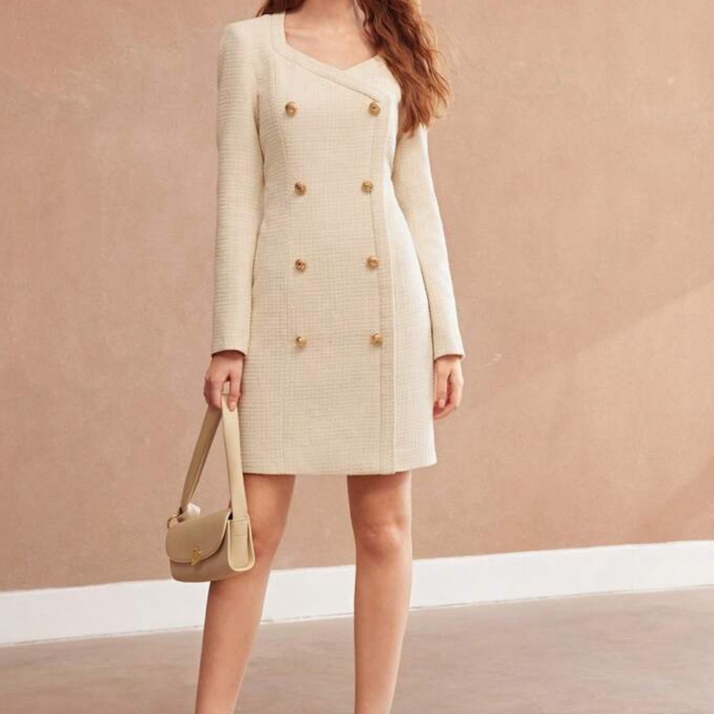 MOTF Double Breasted Bodycon Dress. Size medium. Ivory tweed with gold buttons. - Picture 3 of 10
